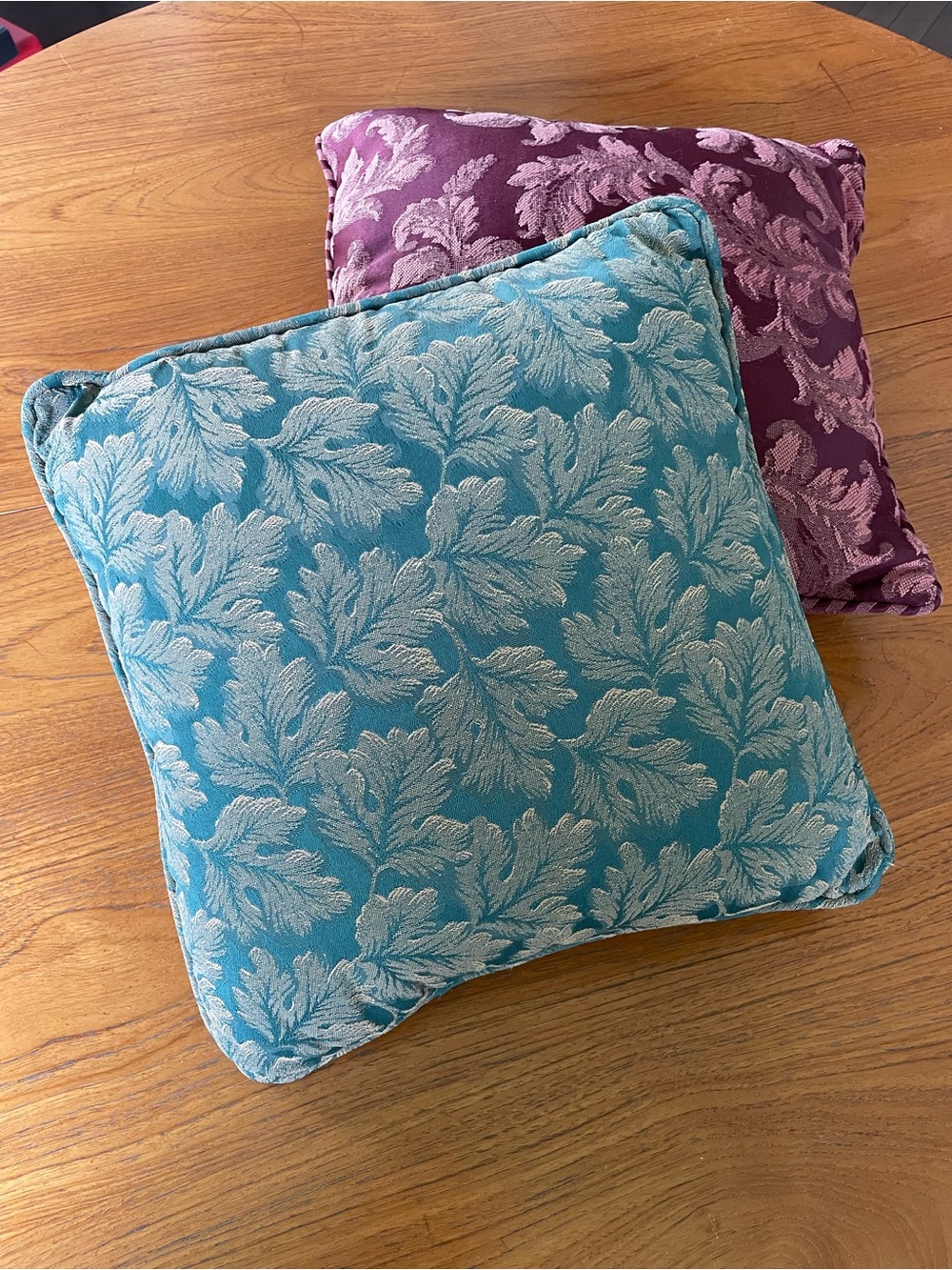 Teal & gold / wine & salmon damask Leaf Jacquard Throw Pillows (Set of 2)